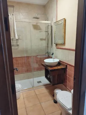 a bathroom with a shower and a sink and a toilet at Hotel Pozo Rey by Youroom in Chipiona