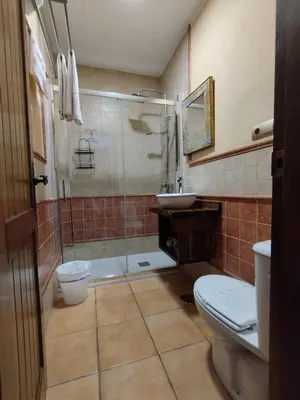 a bathroom with a shower and a toilet and a sink at Hotel Pozo Rey by Youroom in Chipiona