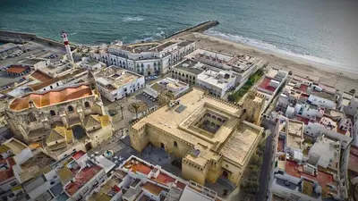 an aerial view of a city next to the ocean at Apartamento Centro de Rota La Costilla in Rota