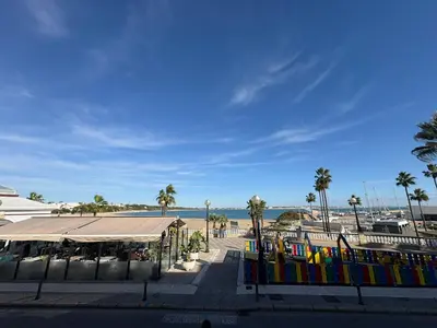 a view of a beach with palm trees and the ocean at Apartamento Centro de Rota La Costilla in Rota