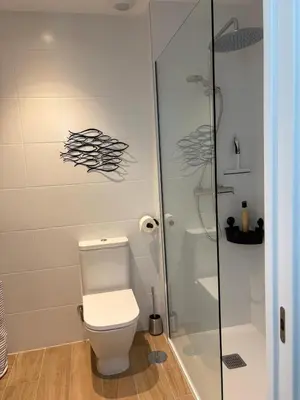 a bathroom with a toilet and a glass shower at Nuevo bajo con gran jardín en primera línea playa in Chipiona