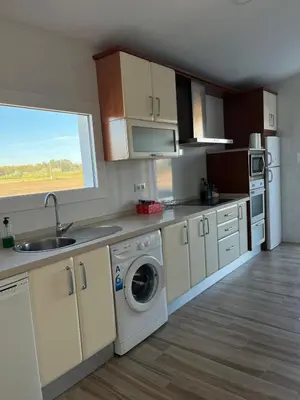 a kitchen with a sink and a washing machine at Los Granainos in El Guijo