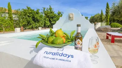 a table with a bowl of fruit and a bottle of wine at Casa Chica 1 Sanlúcar de Barrameda. by Ruralidays in Sanlúcar de Barrameda