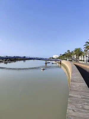 a bridge over a body of water with palm trees at Adelitas Home El Puerto in El Puerto de Santa María