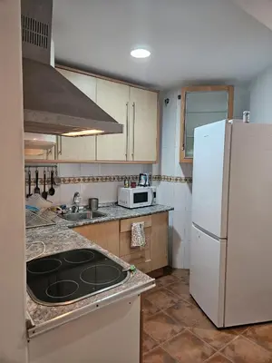 a kitchen with a white refrigerator and a sink at Apartamento Pepa in Chipiona