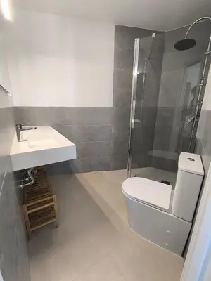 a bathroom with a toilet and a sink and a shower at Casa MILANO JEREZ 1 in Jerez de la Frontera