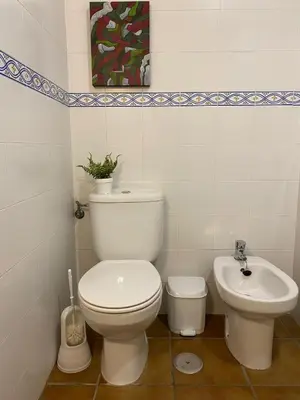 a bathroom with a toilet and a sink at Casa Costa Atlantica in Costa Ballena