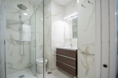 a bathroom with a shower and a toilet and a sink at Zambra en Cádiz in Cádiz
