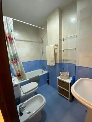 a blue bathroom with a toilet and a sink at Piso en el Centro de Sanlucar in Sanlúcar de Barrameda