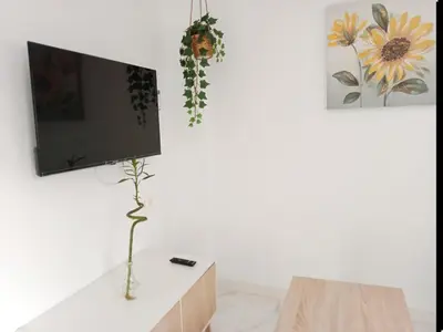 a living room with a tv on a white wall at Puerta del Sol Jerez in Jerez de la Frontera
