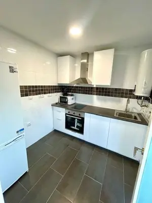 a kitchen with white cabinets and a sink and a stove at GATU Atikus in El Puerto de Santa María