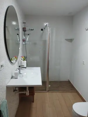 a bathroom with a shower and a sink and a mirror at Ático en San Fernando in San Fernando
