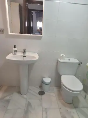 a bathroom with a toilet and a sink and a mirror at Acogedor apartamento en Bahía Blanca, Cádiz a 3 min de la playa in Cádiz