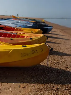a row of kayaks sitting on the beach at Villa Duplex 3 Bedrooms, 400 M to the beach, Pool in Novo Sancti Petri