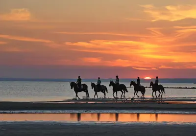 people riding horses on the beach at sunset at Villa Duplex 3 Bedrooms, 400 M to the beach, Pool in Novo Sancti Petri