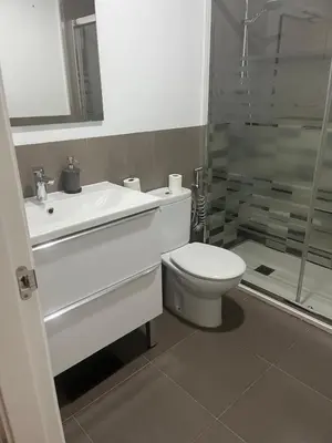 a bathroom with a toilet and a sink and a shower at Apartamento Sanlúcar in Sanlúcar de Barrameda