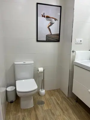 a bathroom with a toilet and a picture on the wall at Apartamento Marea en primera línea de playa en La Barrosa con vistas al mar in Novo Sancti Petri