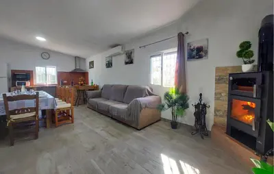 a living room with a couch and a fireplace at Awesome Home In San José Del Valle in San Jose del Valle