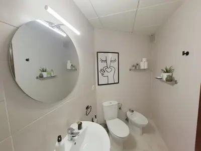 a bathroom with a toilet and a sink and a mirror at Ático luminoso con terraza de 28 m con plaza garaje a 9mn del centro in Sanlúcar de Barrameda