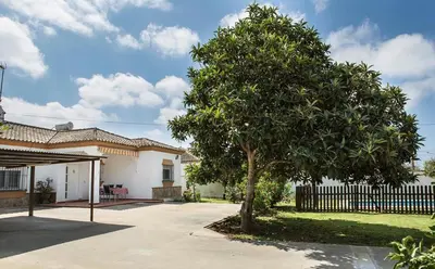 a tree in front of a white house with a fence at Hogar Lowill in Chiclana de la Frontera