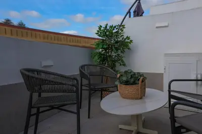 a patio with chairs and a table with a potted plant at Charming Apartment with Private Terrace in Sanlúcar de Barrameda