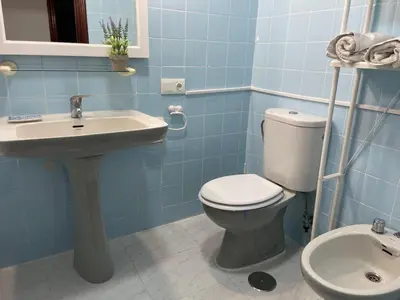 a blue bathroom with a toilet and a sink at Paseo Marítimo 8 Cádiz in Cádiz