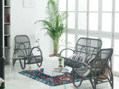 a room with three chairs and a table and a plant at Hostal La Casa Sanlúcar in Sanlúcar de Barrameda