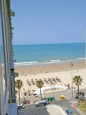 a view of a beach with palm trees and umbrellas at Playa Victoria Paseo Marítimo 3 Rooms in Cádiz