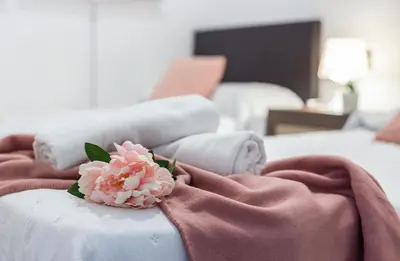 a pink flower sitting on top of a bed at Playa Victoria Paseo Marítimo 3 Rooms in Cádiz