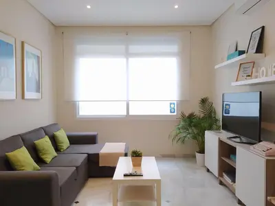 a living room with a couch and a tv at Sherryflat Azahar in Jerez de la Frontera