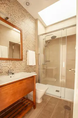 a bathroom with a shower and a toilet and a sink at Apartamentos Maier in Cádiz