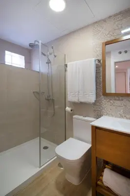 a bathroom with a shower and a toilet and a sink at Apartamentos Maier in Cádiz