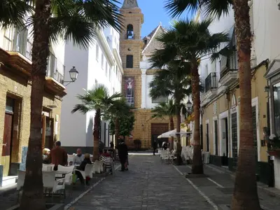 a street with palm trees and a clock tower at La Nube de San Miguel in Cádiz