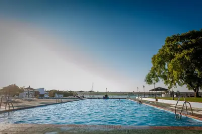 a large swimming pool in a park with a tree at Mesón de la Molinera in Arcos de la Frontera