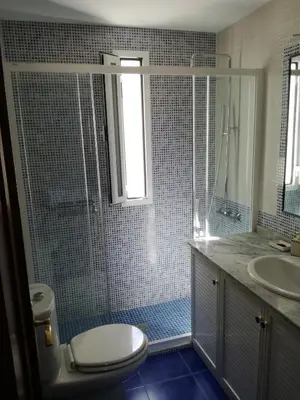 a bathroom with a toilet and a shower and a sink at Atico Infanta Eulalia in Sanlúcar de Barrameda