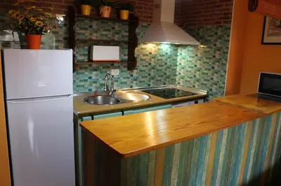 a kitchen with a white refrigerator and a sink at Apartamento La Venencia in Jerez de la Frontera
