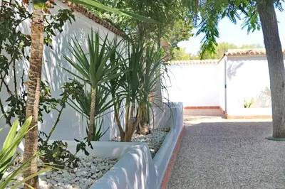 a garden with potted plants and a white fence at Chalet La Roa III in Conil de la Frontera