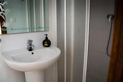 a bathroom with a sink and a mirror and a shower at Pensión Montero in Jedula