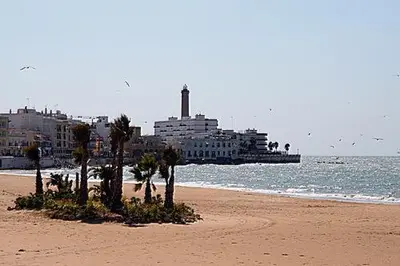 a beach with palm trees and buildings and the ocean at Apartamento La carraca in Chipiona