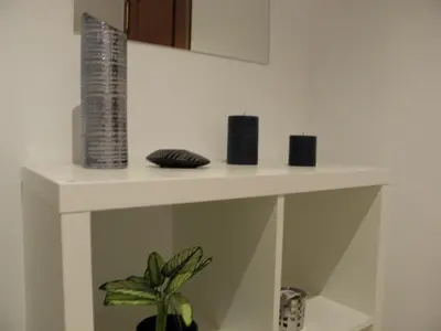 a white shelf with candles and a plant on it at Apartamento en Jerez de la Frontera 2 in Jerez de la Frontera