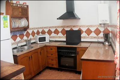 a kitchen with a sink and a stove and a microwave at Mi Oasis in Conil de la Frontera