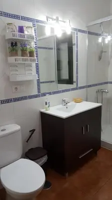 a bathroom with a sink and a toilet and a mirror at Chalet Las Adelfas Chaparrillo in Conil de la Frontera
