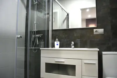 a bathroom with a sink and a shower at Apartamento Recreo Cadiz in Cádiz
