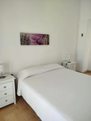 a white bedroom with a bed and a painting on the wall at Apartamentos Fariñas 11 in Sanlúcar de Barrameda