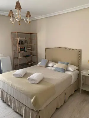 a bedroom with a large bed with two pillows at Hidden Gem Playa Helios con Ascensor & Parking in Cádiz