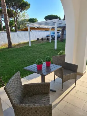 a table with two potted plants on a patio at Roche Pinos Verdes in Roche