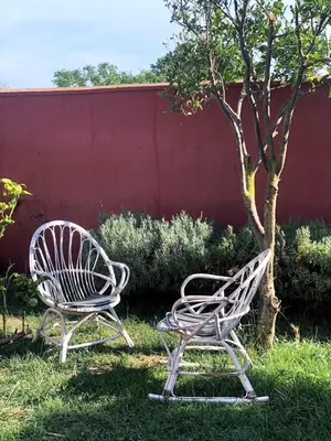 two metal chairs sitting in the grass next to a tree at HIGOS CHUMBOS, CASA RURAL COMPARTIDO in Chiclana de la Frontera
