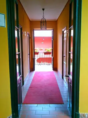 a hallway with a red carpet in a building at Al Andalus Jerez in Jerez de la Frontera