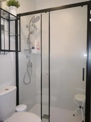 a bathroom with a shower and a toilet at Tabano in Chipiona