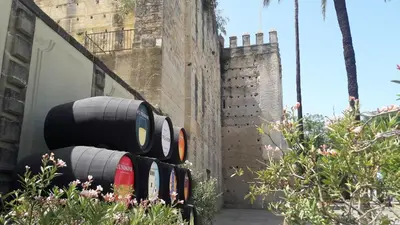 a row of wine barrels sitting next to a building at Sherryflat Caballeros - Parking in Jerez de la Frontera